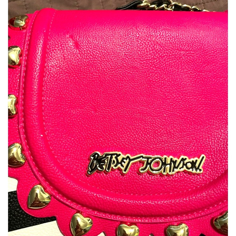Vtg. Betsey Johnson Pink Black White Crossbody Purse with Gold Heart Studs